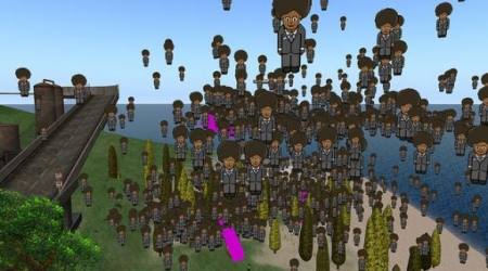 Image of many identical people rising into sky