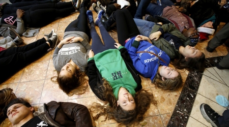 Protestors lying down
