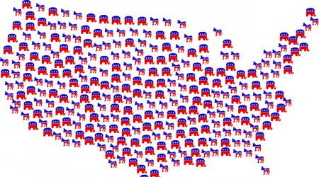 Image of United States made up of Republican Elephants and Democratic Donkeys
