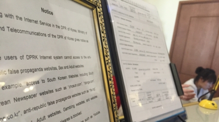 A notice announcing new Internet restrictions banning the use of Facebook, Twitter and other websites is displayed at an Internet provider's office in Pyongyang, North Korea on Friday, April 1, 2016. North Korea has officially announced it is blocking Facebook, YouTube, Twitter and South Korean websites in a move underscoring its concern with the spread of online information.
